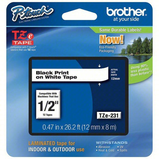 Brother TZe231 Continuous Label Roll Cartridge 1/2 in x 26 13/64 ft, PET, Black on White, Indoor/Outdoor - KVM Tools Inc.KV13C490