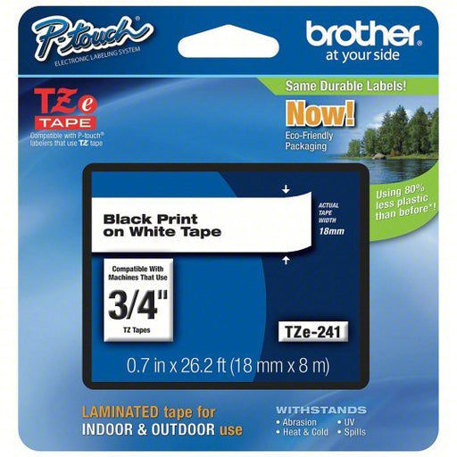Brother TZe241 Continuous Label Roll Cartridge 3/4 in x 26 13/64 ft, PET, Black on White, Indoor/Outdoor - KVM Tools Inc.KV13C493