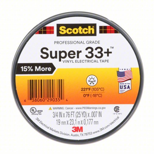 3M 33+SUPER - 3/4X76FT Insulating Electrical Tape Gen Purpose, Vinyl, 3/4 in x 76 ft, Black - KVM Tools Inc.KV2A225