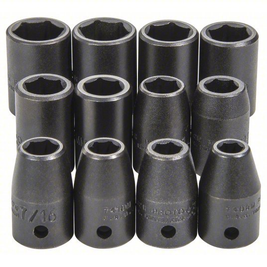 Proto J74242 Impact Socket Set 1/2 in Drive Size, 12 Pieces, 3/8 in to 3/4 in/8 to 19 mm Socket Size Range - KVM Tools Inc.KV33TA29