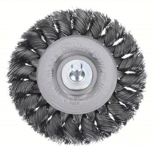 Weiler 94105 Wire Wheel Brush Twisted Steel, 3 1/4 in Dia x 3/8 in Wd, 1/4 in Shank, 0.014 in Fill - KVM Tools Inc.KV3A207