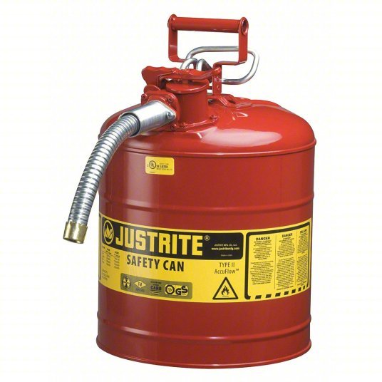 Justrite 7250130 Type II Safety Can: For Use With Flammables, 5 gal Capacity, Includes 1 in OD Flex Hose - KVM Tools Inc.KV3NKT9