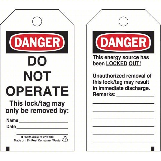 Brady 66050 Danger Tag Do Not Operate, Polyester, Date/Name/Remarks, Write - On Surface - KVM Tools Inc.KV6T895