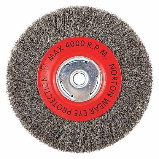 Norton 66252839100 Wire Wheel Brush Crimped Steel, 8 in Dia x 1 in Wd, 5/8 in Arbor, 0.014 in Fill - KVM Tools Inc.KV416L86