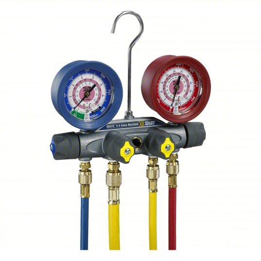 Yellow Jacket 46003 Manifold Gauge 4 Valves, 4 Hoses, Series BRUTE II, 3 1/8 in Gauge, For R - 32/R - 410A - KVM Tools Inc.KV809K13