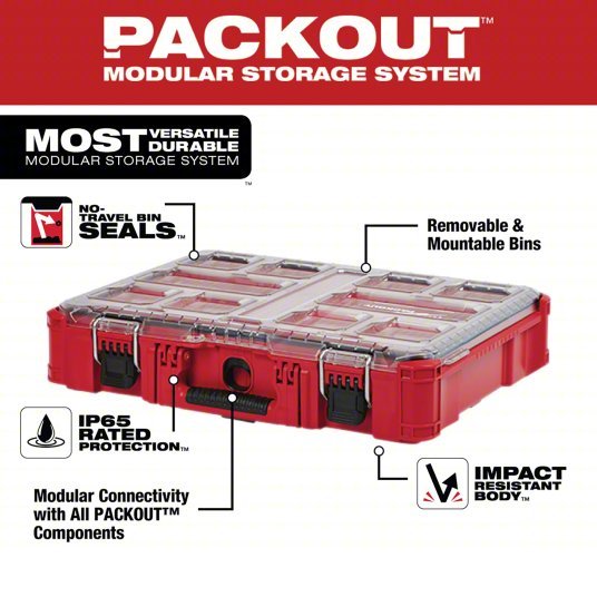 Milwaukee 48 - 22 - 8430 PACKOUT Tool Case 19 3/4 in Wd, 15 1/2 in Dp, 4 5/8 in Ht, Plastic, 10 Compartments, Red - KVM Tools Inc.KV488A59