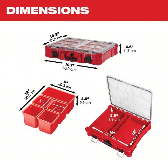 Milwaukee 48 - 22 - 8430 PACKOUT Tool Case 19 3/4 in Wd, 15 1/2 in Dp, 4 5/8 in Ht, Plastic, 10 Compartments, Red - KVM Tools Inc.KV488A59
