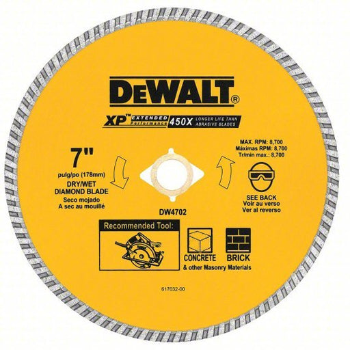Dewalt DW4702 Diamond Saw Blade 7 in Blade Dia., 5/8 in Arbor Size, Wet/Dry, Better, Turbo - KVM Tools Inc.KV4KZ43