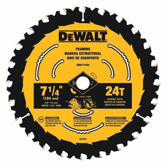 DeWalt DWA171424 Circular Saw Blade 7 1/4 in Blade Dia., 24 Teeth, 0.065 in Cut Wd, 5/8 in Arbor Size - KVM Tools Inc.KV55EF21