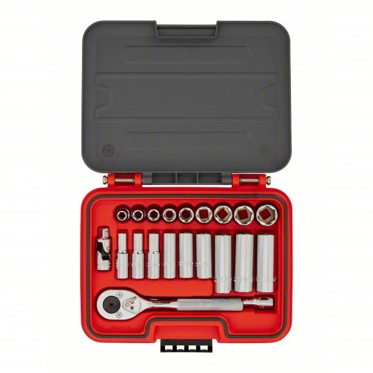 Proto J52121S Socket Set 3/8 in Drive Size, 21 Pieces, 5/16 in to 3/4 in Socket Size Range, (9) 12 - Point - KVM Tools Inc.KV60ML01