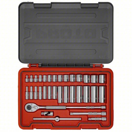 Proto J52134S Socket Set 3/8 in Drive Size, 34 Pieces, 1/4 in to 1 in Socket Size Range, (14) 12-Point - KVM Tools Inc.KV60ML04