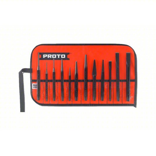 Proto J2S2 Punch and Chisel Set 12 PC, Cape Chisel/Cold Chisel/Diamond Point Chisel, Pouch - KVM Tools Inc.KV6DJY8