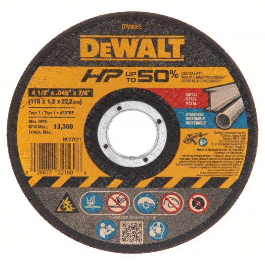 Dewalt DW8062 Abrasive Cut - Off Wheel Type 1, 4 1/2 in x 0.045 in x 7/8 in, Aluminum Oxide, 60 Grit, A60T - KVM Tools Inc.KV6HD44
