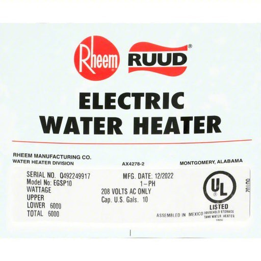 Rheem EGSP10 208V Point-of-Use Electric Water Heater 208V, 10 gal, 6,000 W, Single Phase, 22.87 in Ht - KVM Tools Inc.KV6UT02