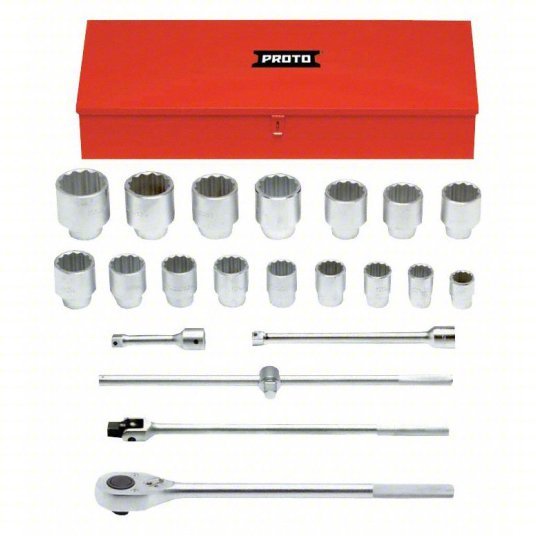 Proto J57102A Socket Set 1 in Drive Size, 22 Pieces, 1 1/2 in to 3 1/2 in Socket Size Range, (16) 12 - Point - KVM Tools Inc.KV783RZ5