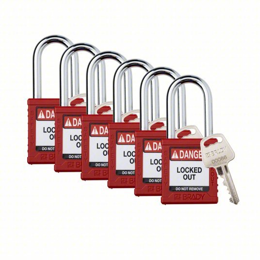 Brady SDPL - RED - 38ST - KD6 Padlock Keyed Different, Nylon, Std Body Body Size, Steel, Std, Red, 6 Pack - KVM Tools Inc.KV793EA5