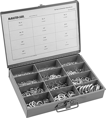 McMaster 91765A112 Split Lock Washer Assortment for Inch Screw Sizes, Zin - Plated Steel, 350 Pieces - KVM Tools Inc.KV91765A112