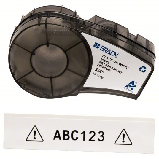 Brady M21 - 750 - 595 - WT Continuous Label Roll Cartridge 3/4 in x 21 ft, Autoclavable Vinyl, Black on White, Indoor/Outdoor - KVM Tools Inc.KV3PXX6