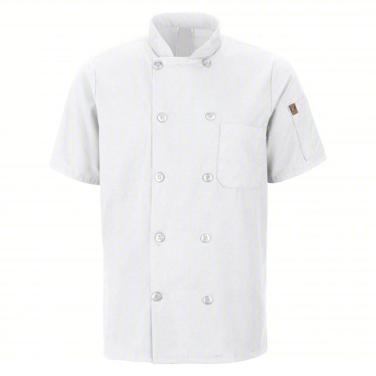 Red Kap 046XWH SS M Chef Coat Men's, M, Short Sleeve, White, 2 Pockets, Stand-Up Collar, Button - KVM Tools Inc.KV806G92