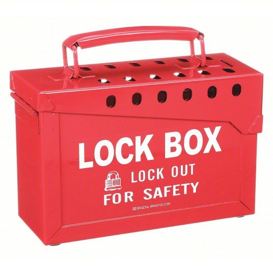 Brady 65699 Group Lockout Box Steel, Red, 6 in x 8.9 in 3.5 in, Portable, Hinged, 13 Padlocks - KVM Tools Inc.KV1D677
