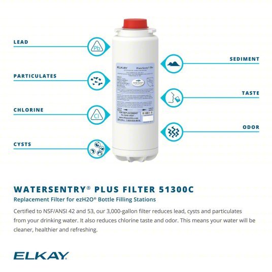 Elkay 51300C Replacement Filter Cartridge: 1.5 gpm, 3,000 gal, 9 1/2 in Overall Ht, 3 1/8 in Dia - KVM Tools Inc.KV11U265