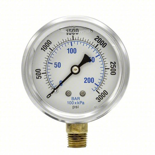 PIC PRO-201L-254P Pressure Gauge, 0 to 3000 psi, 1/4 in MNPT, Stainless Steel, Silver - KVM Tools Inc.KV19RZ18