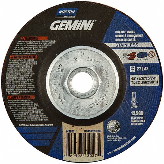 Norton 66252842027 Depressed Center Cut-Off Wheel: Type 27, 4 1/2 in x 3/32 in x 5/8"-11, Aluminum Oxide - KVM Tools Inc.KV58392754