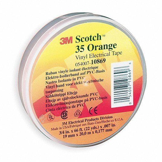3M 10869 Vinyl Electrical Tape, 35, Scotch, 3/4 in W x 66 ft L, 7 mil thick, Orange, 1 Pack - KVM Tools Inc.