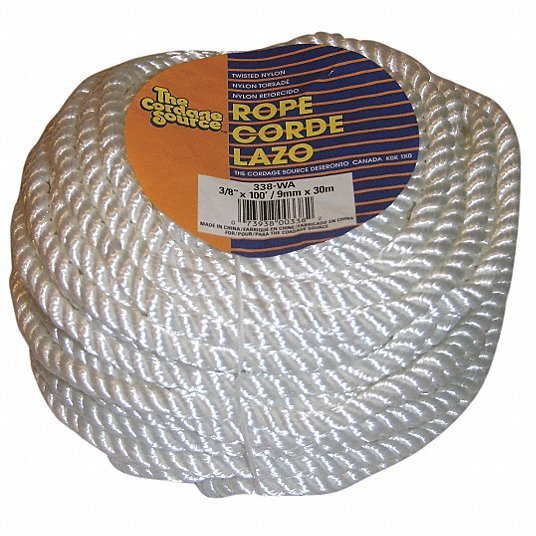 Cordage Source 338-WA 3/8 in Rope Dia, White, 100 ft Rope Lg, 250 lb Working Load Limit, Twisted - KVM Tools Inc.KV45AV69