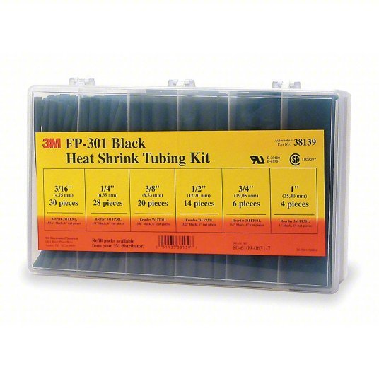 3M FP301-3/16 TO 1-BLACK-5-102 PC KITS Heat Shrink Tubing Kit 102 Pieces, 1/2 in/1/4 in/1 in/3/16 in/3/4 in/3/8 in, 2:1, 6 in - KVM Tools Inc.KV4NU24