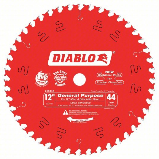 Diablo D1244X Circular Saw Blade 12 in Blade Dia., 44 Teeth, 0.098 in Cut Wd, 1 in Arbor Size - KVM Tools Inc.KV52XF79