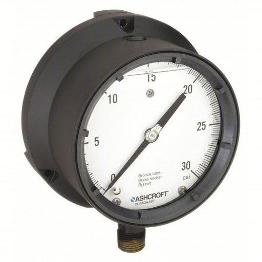 Ashcroft 451379ASL04L30# Pressure Gauge, 0 to 30 psi, 1/2 in MNPT, Plastic, Black - KVM Tools Inc.KV5RYC5