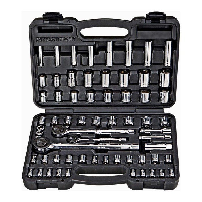 Pittsburgh 63461 1/4 in., 3/8 in., 1/2 in. Drive SAE and Metric Socket Set, 64-Piece - KVM Tools Inc.KVHF63461