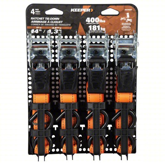 Keeper 05505 Tie Down Strap Ratchet, S - Hook, Gen Purpose, 1 in Wd, 400 lb WLL, Orange, 14 ft Lg, 4 PK - KVM Tools Inc.KV3LLF2