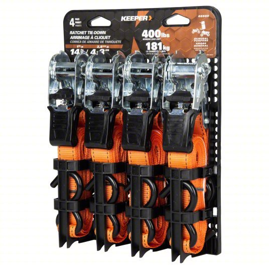 Keeper 05505 Tie Down Strap Ratchet, S - Hook, Gen Purpose, 1 in Wd, 400 lb WLL, Orange, 14 ft Lg, 4 PK - KVM Tools Inc.KV3LLF2