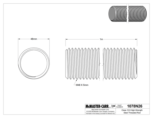 McMaster 1078N26 Class 10.9 High-Strength Steel Threaded Rod, M48 × 5 mm Thread Size, 1 m Long