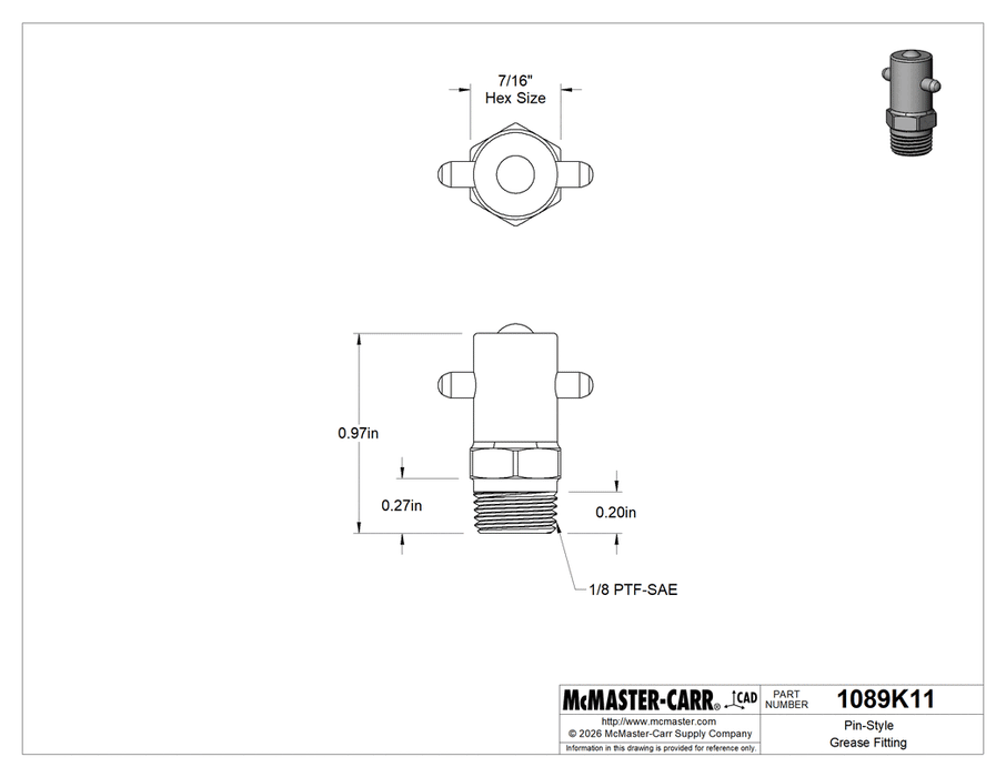 McMaster 1089K11 Pin-Style Grease Fitting Straight, 1/8 PTF Male, Brass