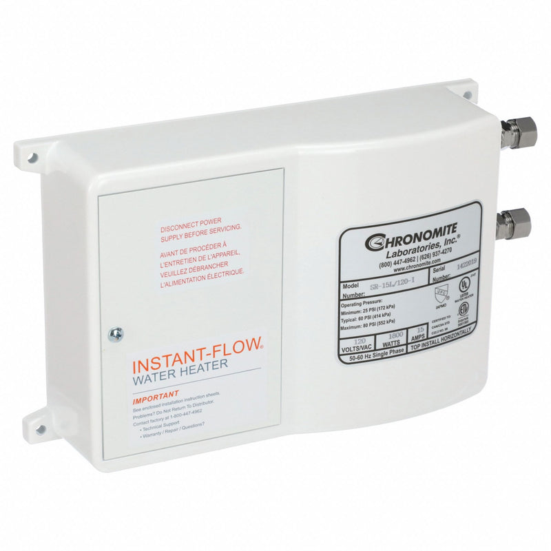 Chronomite Labs SR-15L/120 HTR-I Electric Tankless Water Heater, SR, 120V AC, 1,800 W, 15 A Current, 80°F to 120°F