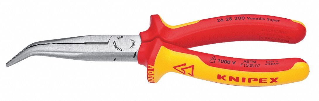 Knipex 26 28 200 SBA Bent Long Nose Plier, Insulated, 1 in Max Jaw Opening, 8 in Overall Lg, 2-7/8 in Jaw Lg, Serrated