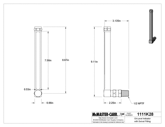 McMaster 1111K28 Oil-Level Indicator with Swivel Fitting Brass Elbow, 1/2 NPTF Male, 9-1/8" Overall Height