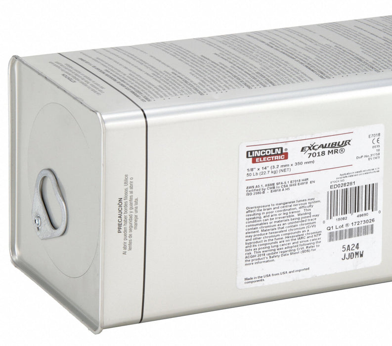Lincoln Electric ED028281 Stick Electrode, Carbon Steel, E7018 H4R, 1/8 in x 14 in, 50 lb, Excalibur 7018 MR