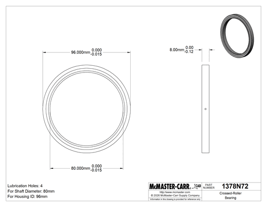 McMaster 1378N72 Crossed-Roller Bearing, Thin-Profile, Sealed, for 80 mm Shaft Diameter