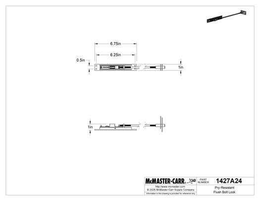 McMaster 1427A24 Pry-Resistant Flush Bolt Lock, Bright Brass, 6-3/4" Long × 1" Wide Mount Plate