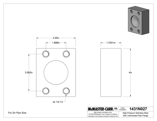 McMaster 1431N027 High-Pressure Stainless Steel SAE Unthreaded Pipe Flange, Cap with Flat Surface on Back, 2 SAE Flange Size