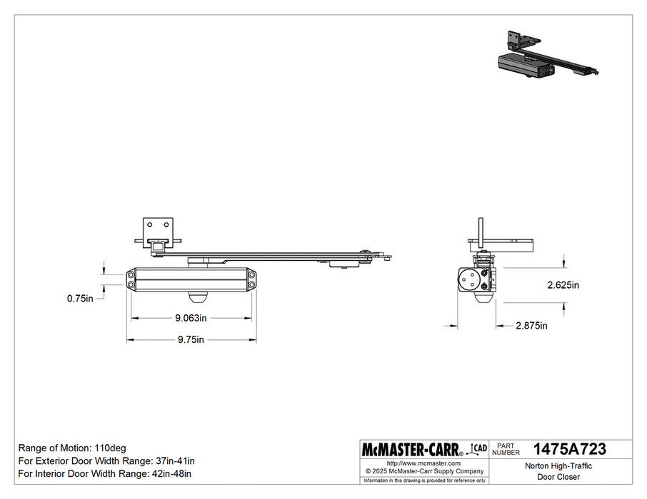 McMaster Norton 1475A721 Norton High-Traffic Door Closer UNI 1601, 42"-48" Interior Door Width, Hold Open, Finish Gray