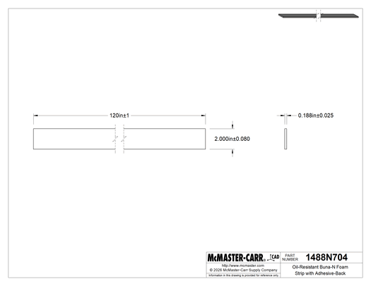 McMaster 1488N704 Oil-Resistant Buna-N Foam Strip with Adhesive-Back, Soft, 2" Wide, 3/16" Thick, 10 Feet Long