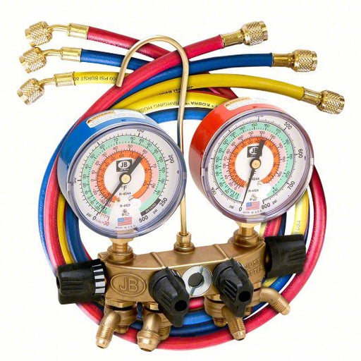 JB Industries 26200-310 Manifold Gauge, 4 Valves, R-22/R-404A/R-410A, 4 Hoses - KVM Tools Inc.KV14X854