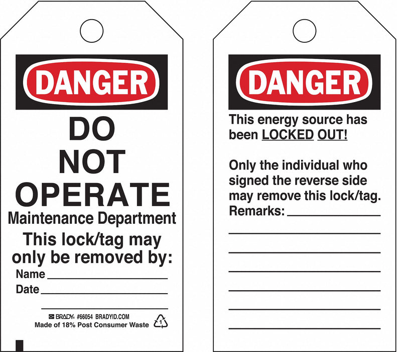 Brady 66054 Danger Tag, Danger, Danger Do Not Operate, Polyester, Date/Name/Remarks, Write-On Surface, Tag