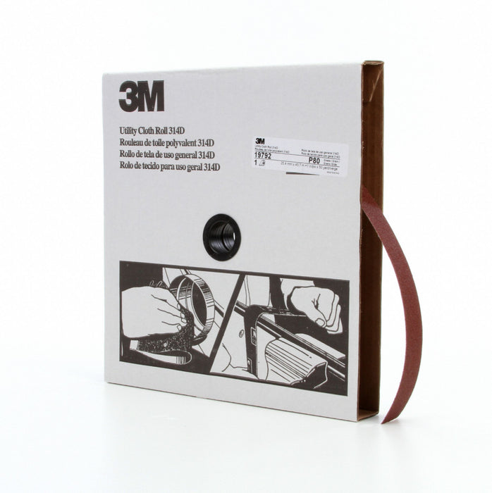 3M 314D Utility Cloth Roll, 1 in W x 50 yd L, Aluminum Oxide, P80 Grit, J Wt Cloth, 5 PK