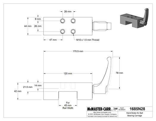 McMaster 1685N28 Hand Brake for Ball Bearing Carriage, for 45 mm Wide Rail